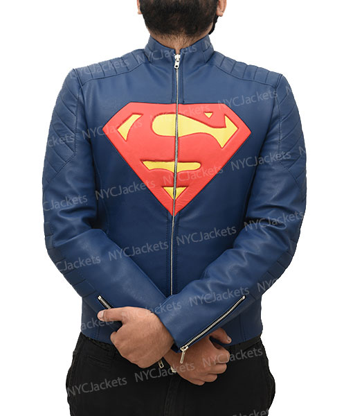New Man of Steel Smallville Navy Blue 100% Sheep Skin Leather Motorbike Jacket