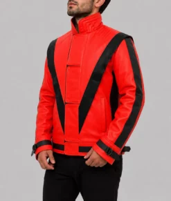 Mj Thriller Red Leather Jacket-Side