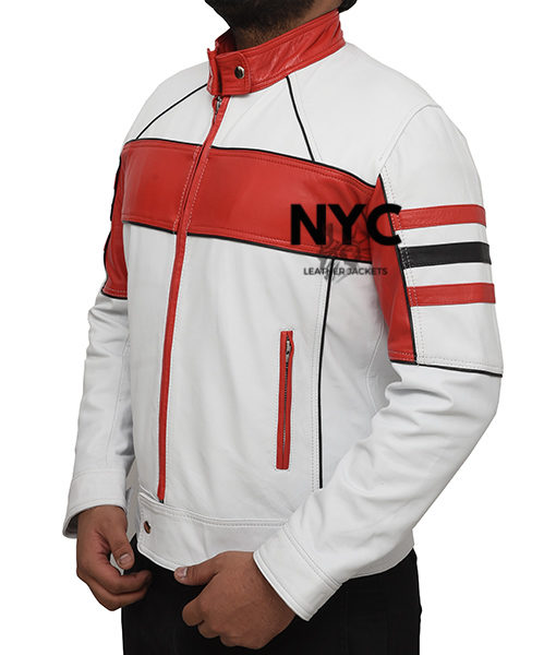 Mens Red Detailed White Biker Leather Jacket