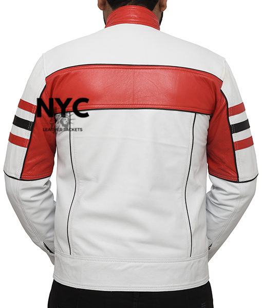Mens Red Detailed White Biker Leather Jacket