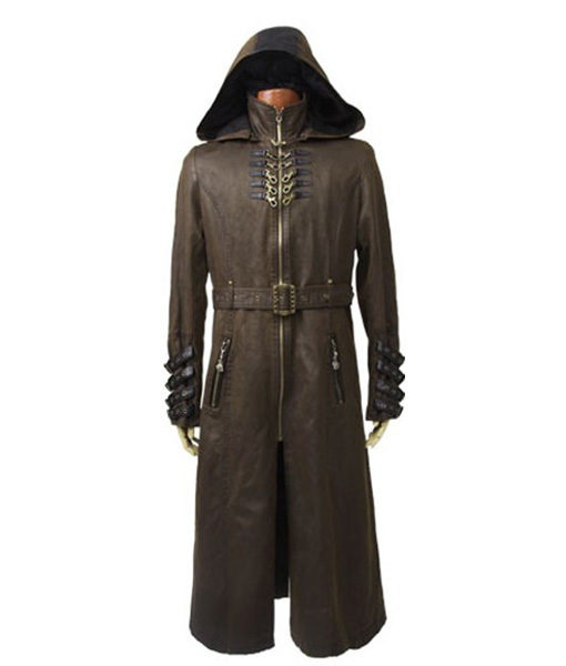 Steampunk Twill Long Leather Coat - Coffee Dark Jacket