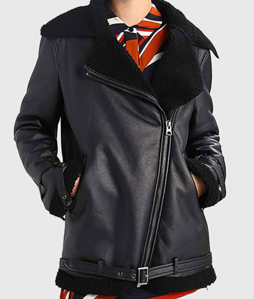 Bella Women's Black Bomber Leather Jacket - Black Bomber Leather Jacket for Women - Front View