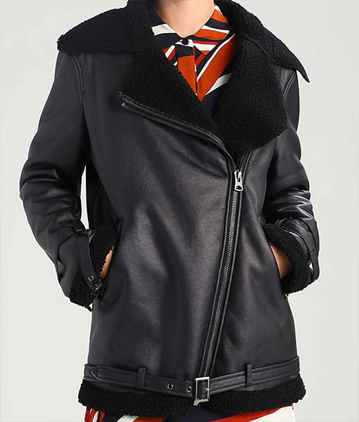 Black Shearling Leather Womens Aviator Jacket