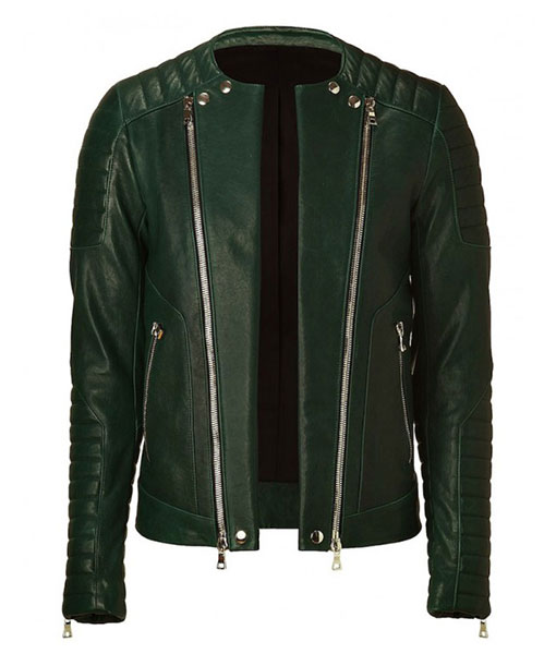 Kid Cudi Collarless Green Quilted Leather Jacket