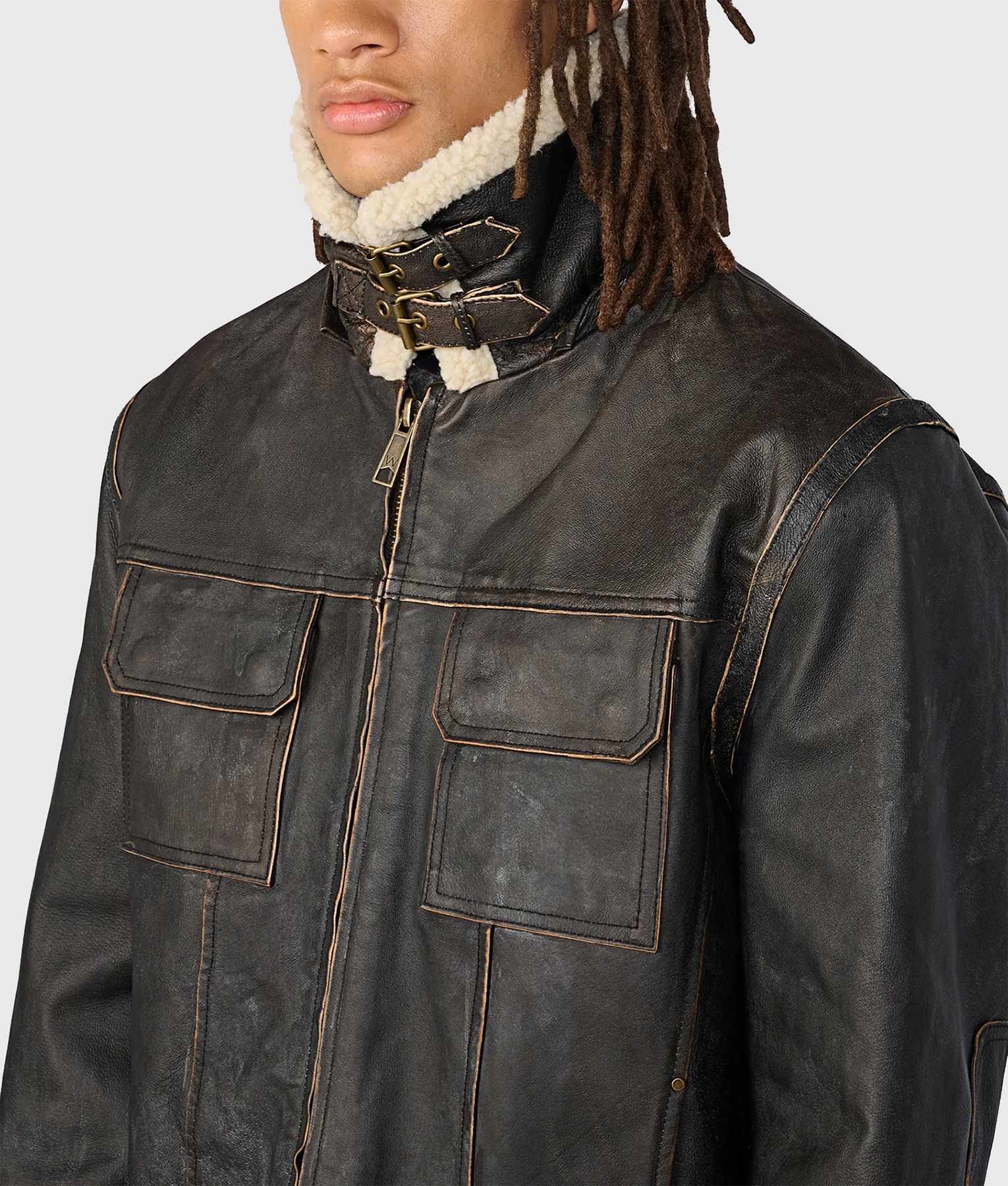 Patson Men's Brown M-65 Hooded Military Leather Jacket