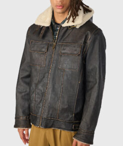 Patson Men's Brown M-65 Hooded Military Leather Jacket