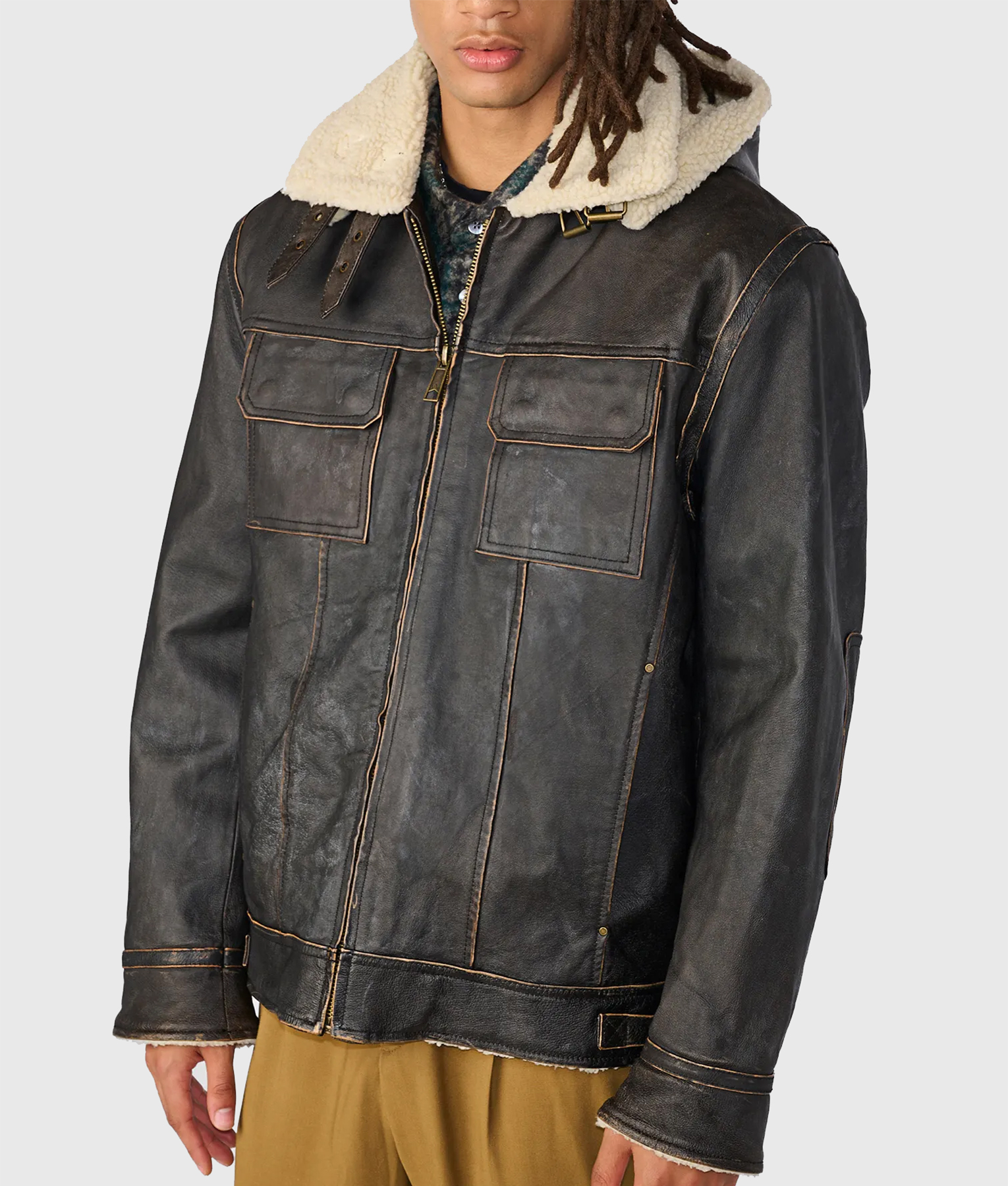 Patson Men's Brown M-65 Hooded Military Leather Jacket
