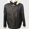 Patson Men's Brown M-65 Hooded Military Leather Jacket