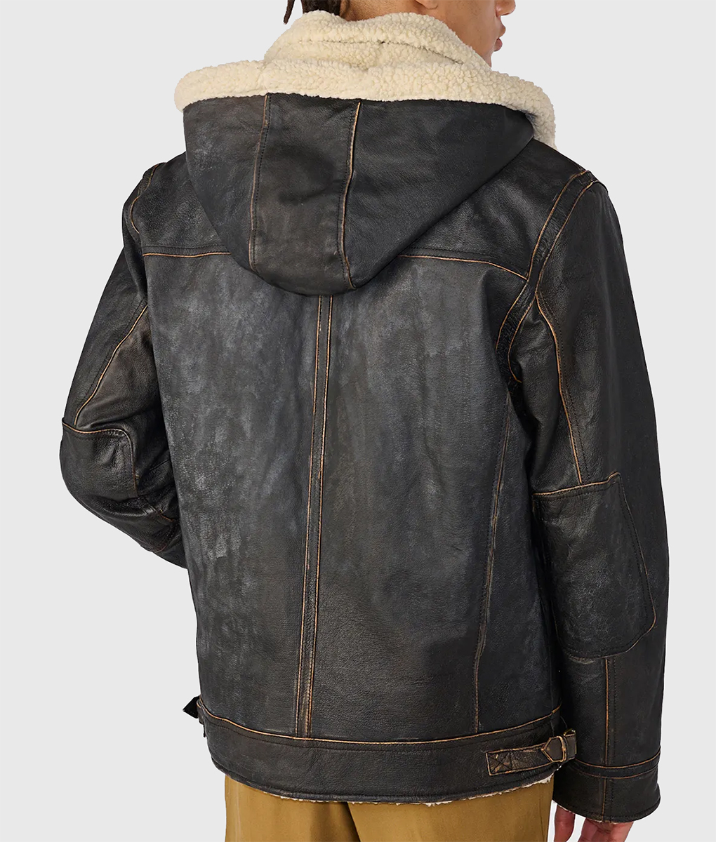 Patson Men's Brown M-65 Hooded Military Leather Jacket