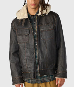 Patson Men's Brown M-65 Hooded Military Leather Jacket