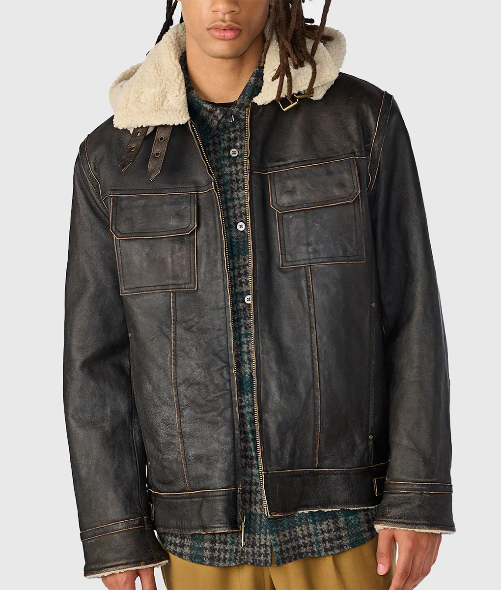 Patson Men's Brown M-65 Hooded Military Leather Jacket