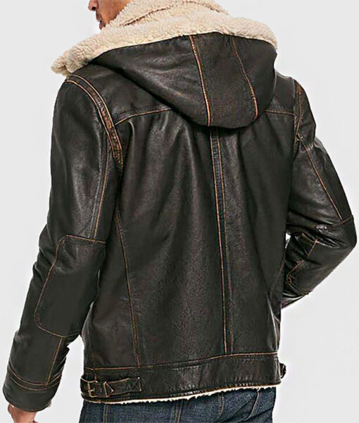 Patson Men's Brown M-65 Hooded Military Leather Jacket - Brown M-65 Hooded Military Leather Jacket for Men - Back View