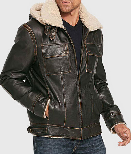 Patson Men's Brown M-65 Hooded Military Leather Jacket - Brown M-65 Hooded Military Leather Jacket for Men - Side View