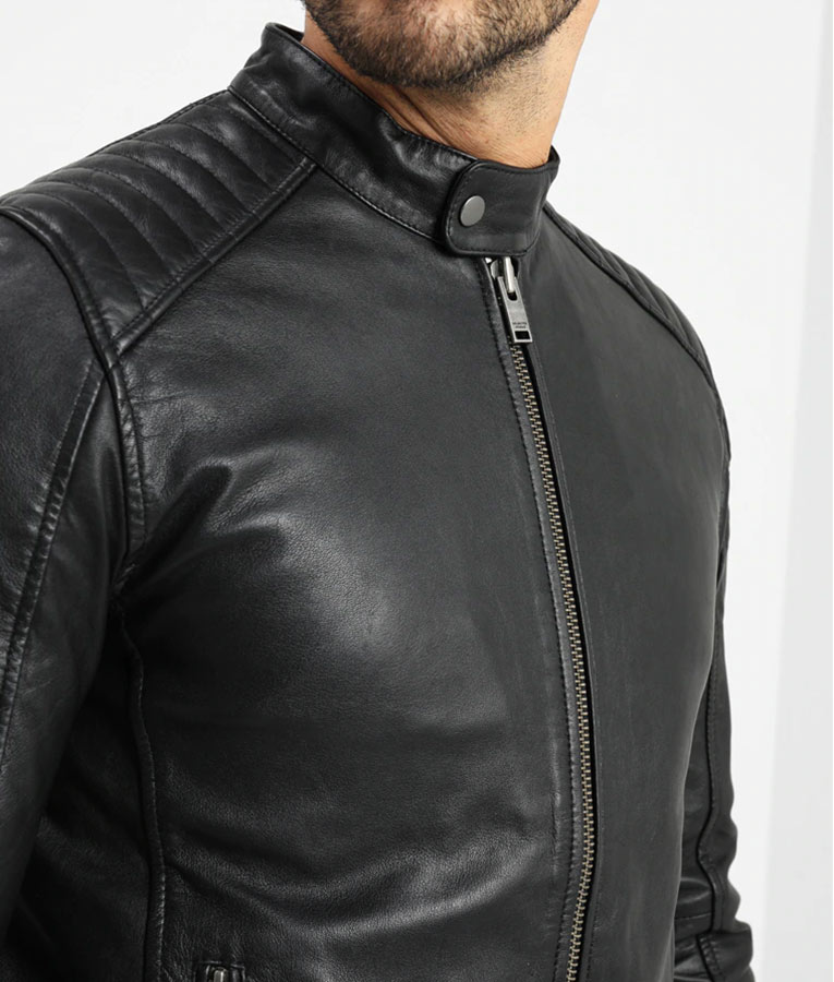 Ellis Mens Antique Press Stud Collar Black Biker Leather Jacket