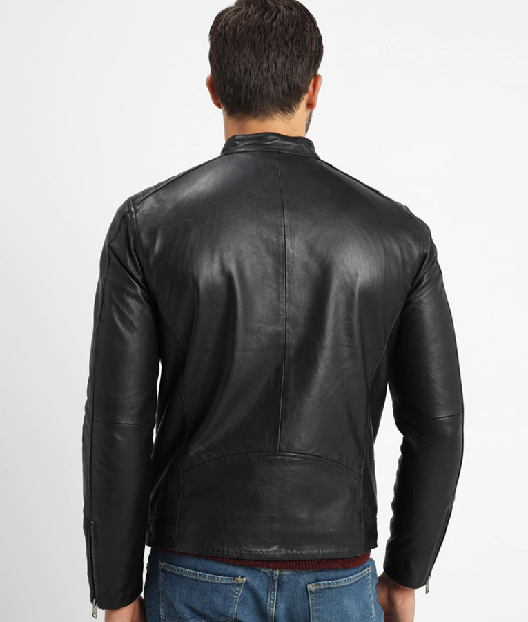 Ellis Mens Antique Press Stud Collar Black Biker Leather Jacket