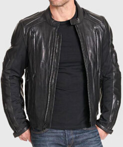 Kirk Men's Black Padded Leather Biker Jacket - Black Padded Leather Biker Jacket for Men - Open Front View