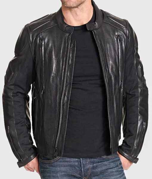 Kirk Men's Black Padded Leather Biker Jacket - Black Padded Leather Biker Jacket for Men - Open Front View