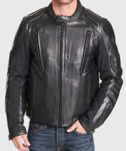 Kirk Men's Black Padded Leather Biker Jacket - Black Padded Leather Biker Jacket for Men - Close Front View