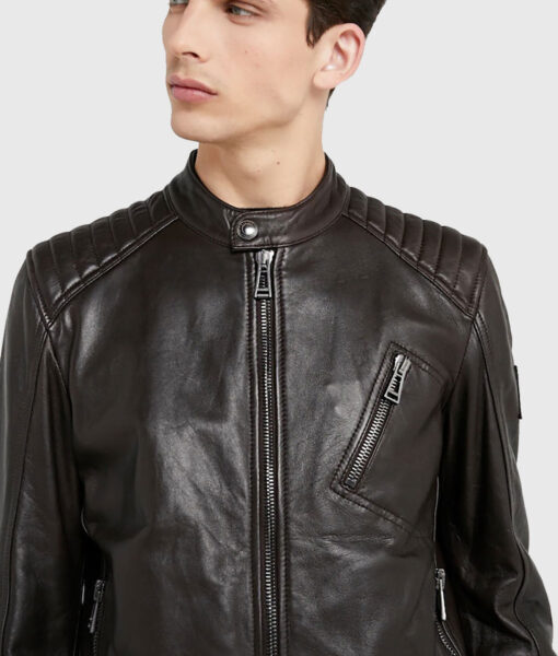 Lampa Men's Dark Brown Leather Biker Jacket - Dark Brown Leather Biker Jacket for Men - Closeup View