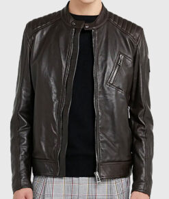 Lampa Men's Dark Brown Leather Biker Jacket - Dark Brown Leather Biker Jacket for Men - Front View