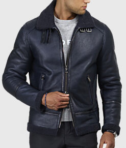 Connor Men's Blue B-3 Bomber Leather Jacket - Blue B-3 Bomber Leather Jacket for Men - Front View
