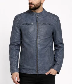 Erikson Men's Blue Distressed Leather Biker Jacket-Front