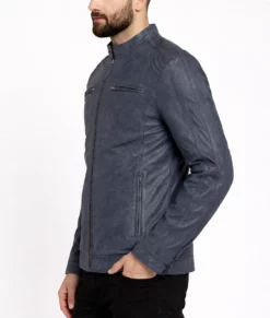 Erikson Men's Blue Distressed Leather Biker Jacket-Side
