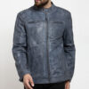 Erikson Men's Blue Distressed Leather Biker Jacket - Blue Distressed Leather Biker Jacket for Men - Front View