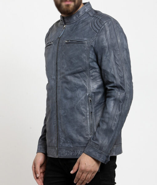 Erikson Men's Blue Distressed Leather Biker Jacket - Blue Distressed Leather Biker Jacket for Men - Side View