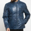 Kirk Men's Blue Distressed Leather Biker Jacket - Blue Distressed Leather Biker Jacket for Men - Front View