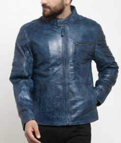 Kirk Men's Blue Distressed Leather Biker Jacket - Blue Distressed Leather Biker Jacket for Men - Front View