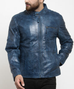 Kirk Men's Blue Distressed Leather Biker Jacket - Blue Distressed Leather Biker Jacket for Men - Front View