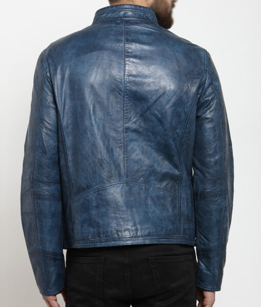 Kirk Men's Blue Distressed Leather Biker Jacket - Blue Distressed Leather Biker Jacket for Men - Back View