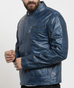 Kirk Men's Blue Distressed Leather Biker Jacket - Blue Distressed Leather Biker Jacket for Men - Side View