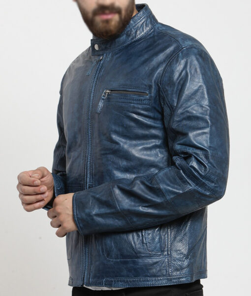 Kirk Men's Blue Distressed Leather Biker Jacket - Blue Distressed Leather Biker Jacket for Men - Side View