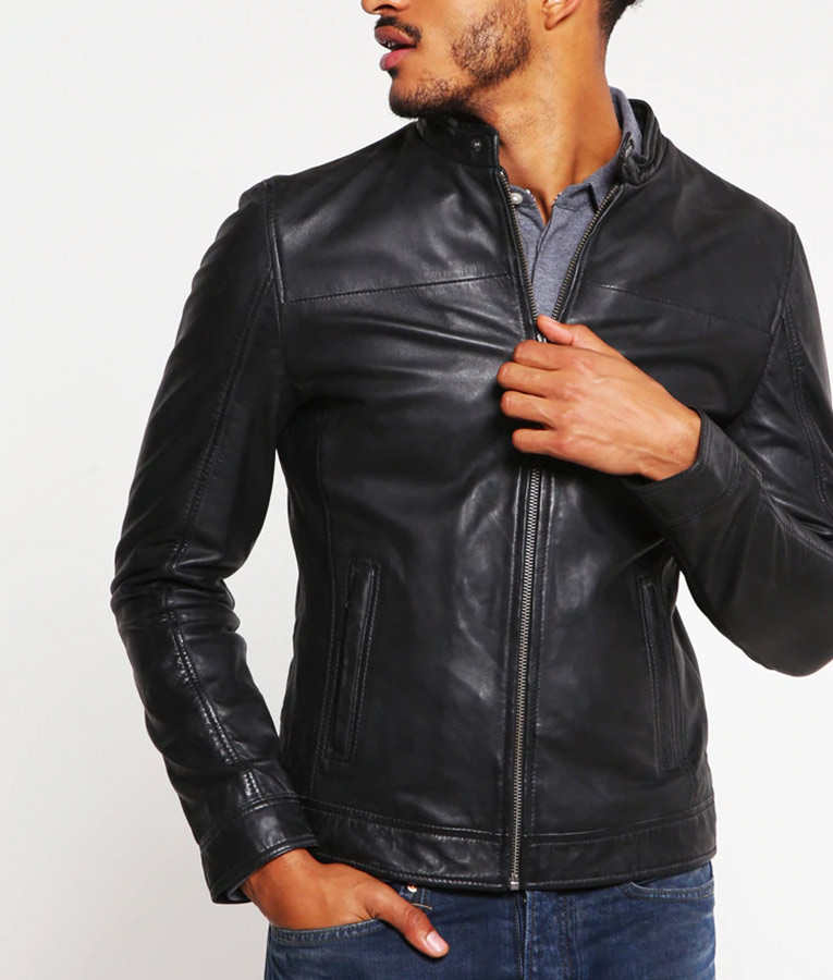 Bobby Mens Standing Collar Slimfit Casual Black Leather Jacket