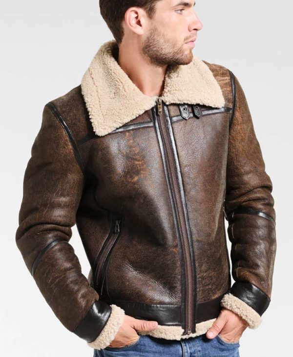 Fancher Mens Turn Down Collar Shearling Collar Brown Leather Jacket