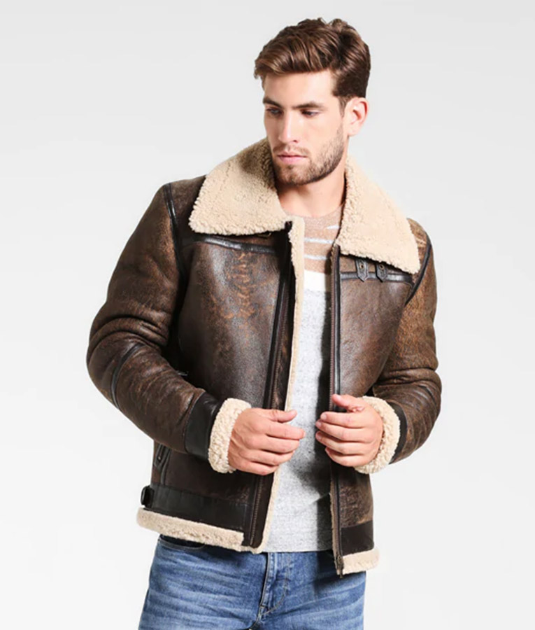 Fancher Mens Turn Down Collar Shearling Collar Brown Leather Jacket