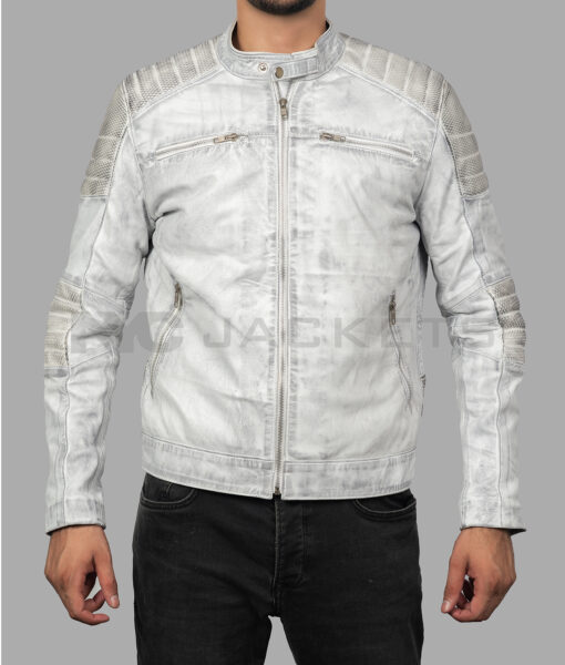 Frazier Men's Grey Distressed Leather Biker Jacket - Grey Distressed Leather Biker Jacket for Men - Front Close View