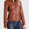 Lois Women's Cognac Leather Biker Jacket - Cognac Leather Biker Jacket for Women - Front View