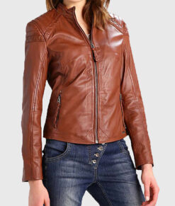 Lois Women's Cognac Leather Biker Jacket - Cognac Leather Biker Jacket for Women - Front View