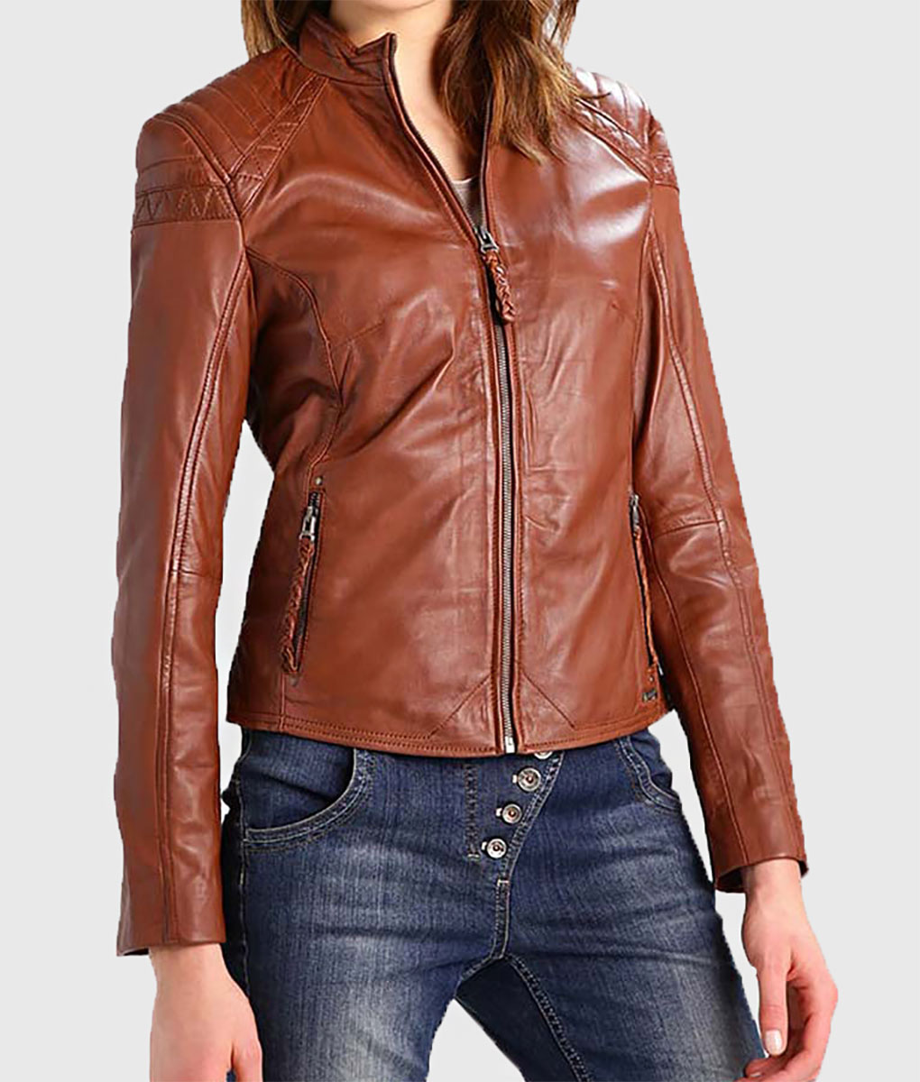 Lois Women's Cognac Leather Biker Jacket - NYC Jackets Lois Women's Cognac Leather Biker Jacket - NYC Jackets