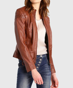 Lois Women's Cognac Leather Biker Jacket - Cognac Leather Biker Jacket for Women - Side View
