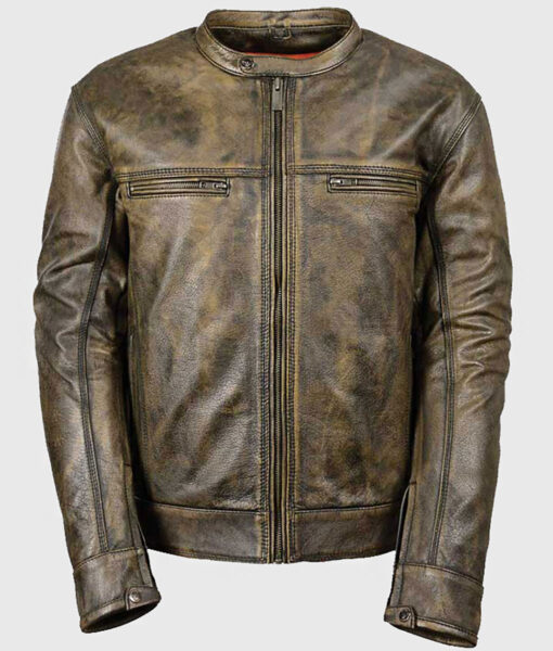 Pattrick Men's Brown Distressed Leather Biker Jacket - Brown Distressed Leather Biker Jacket for Men - Front View