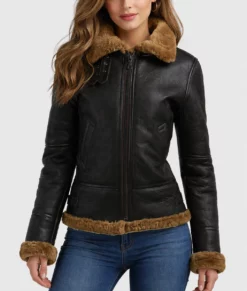 Ashley Women's Black B-3 Bomber Leather Jacket-Front