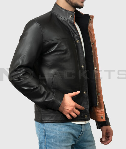 Danny Men's Black Leather Jacket - Black Leather Jacket for Men - Side Open View