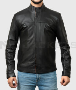 Danny Men's Black Leather Jacket - Black Leather Jacket for Men - Front Close View