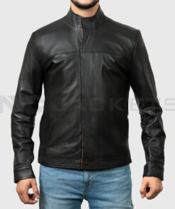 Danny Men's Black Leather Jacket - Black Leather Jacket for Men - Front Close View