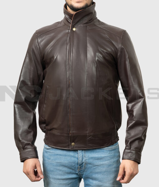 Pisces Men's Brown Leather Jacket - Black Leather Jacket for Men - Front Close View