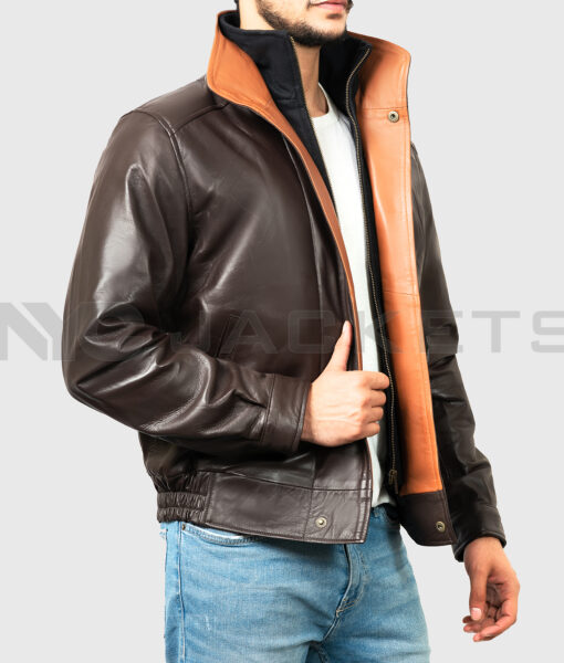Pisces Men's Brown Leather Jacket - Black Leather Jacket for Men - Side Open VIew